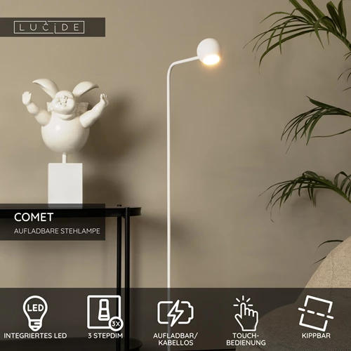 Lucide COMET - wiederaufladbare Stehlampe - Akku/Batterie - LED 3 StepDim - 1x3W 2700K - Weiß - USP